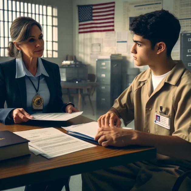 Parole officer sitting at a table with a prisoner